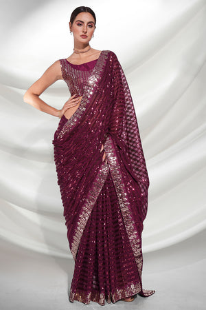 Wine Georgette Saree With Blouse Piece