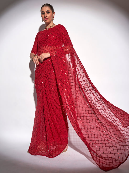 Red Georgette Party Wear Saree With Blouse Piece Red Georgette Party Wear Saree With Blouse Piece