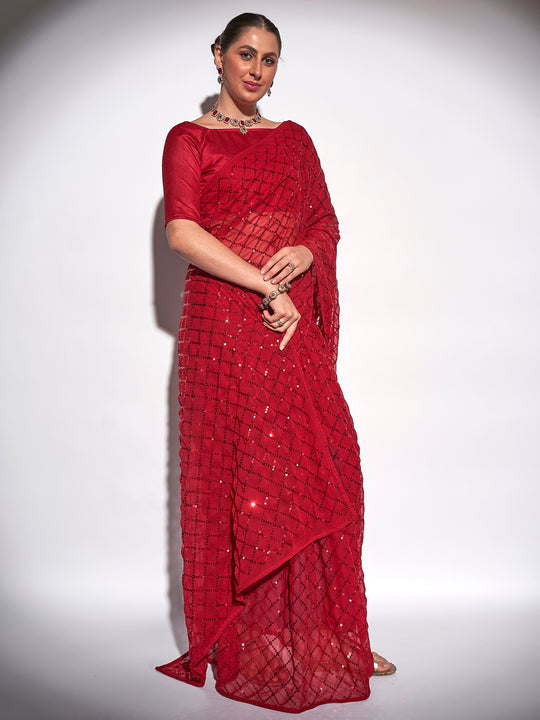 Red Georgette Party Wear Saree With Blouse Piece Red Georgette Party Wear Saree With Blouse Piece