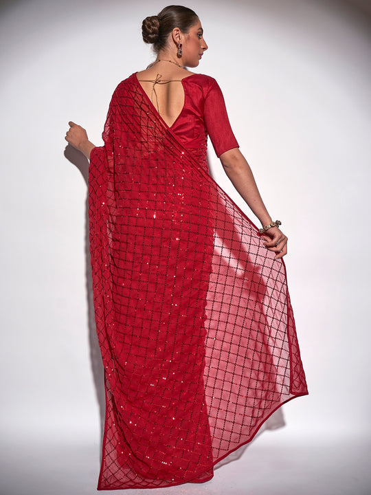 Red Georgette Party Wear Saree With Blouse Piece Red Georgette Party Wear Saree With Blouse Piece
