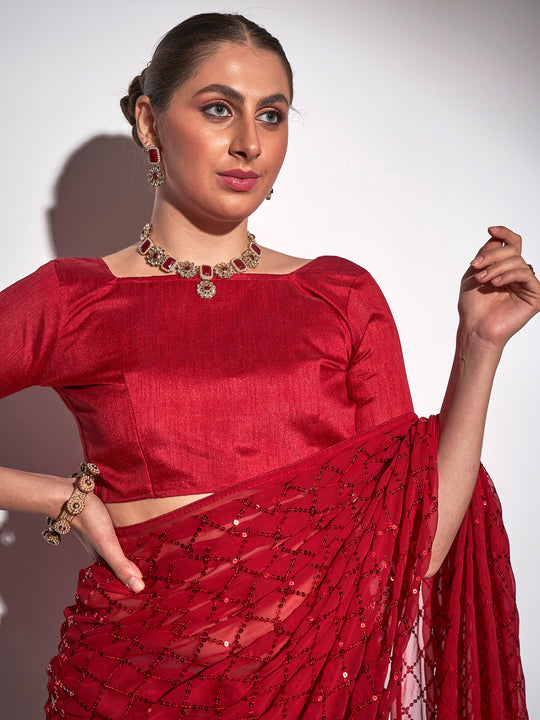 Red Georgette Party Wear Saree With Blouse Piece Red Georgette Party Wear Saree With Blouse Piece