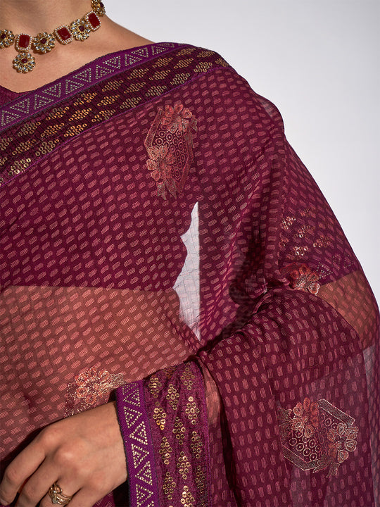 Wine Georgette Party Wear Saree With Blouse Piece Wine Georgette Party Wear Saree With Blouse Piece