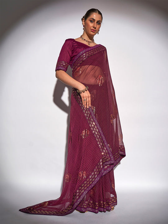 Wine Georgette Party Wear Saree With Blouse Piece Wine Georgette Party Wear Saree With Blouse Piece
