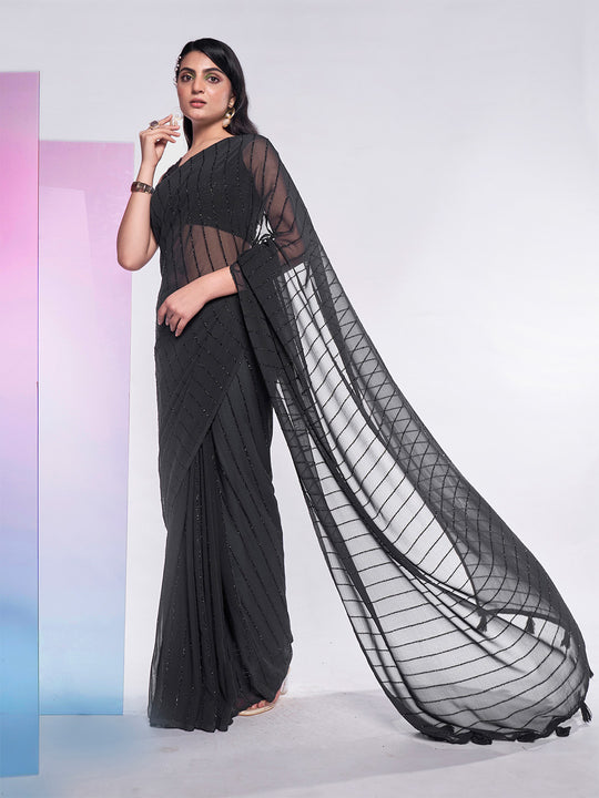 Black Georgette Party Wear Saree With Blouse Piece Black Georgette Party Wear Saree With Blouse Piece