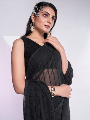 Black Georgette Party Wear Saree With Blouse Piece