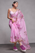 Pink Organza Floral Saree With Blouse Piece
