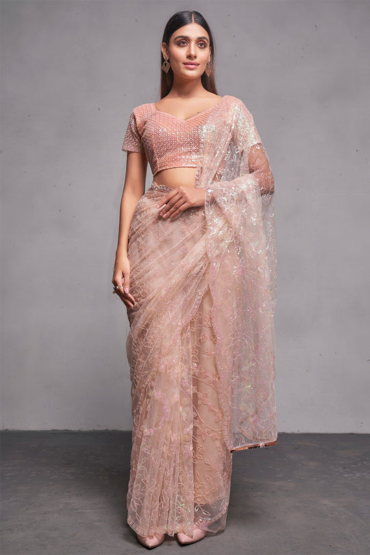 Rose Gold Net Saree With Blouse Piece Rose Gold Net Saree With Blouse Piece