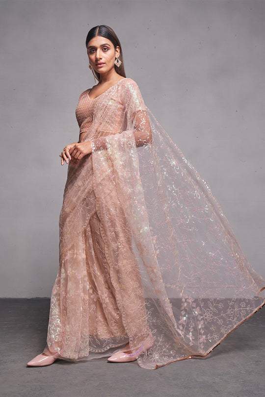 Rose Gold Net Saree With Blouse Piece Rose Gold Net Saree With Blouse Piece