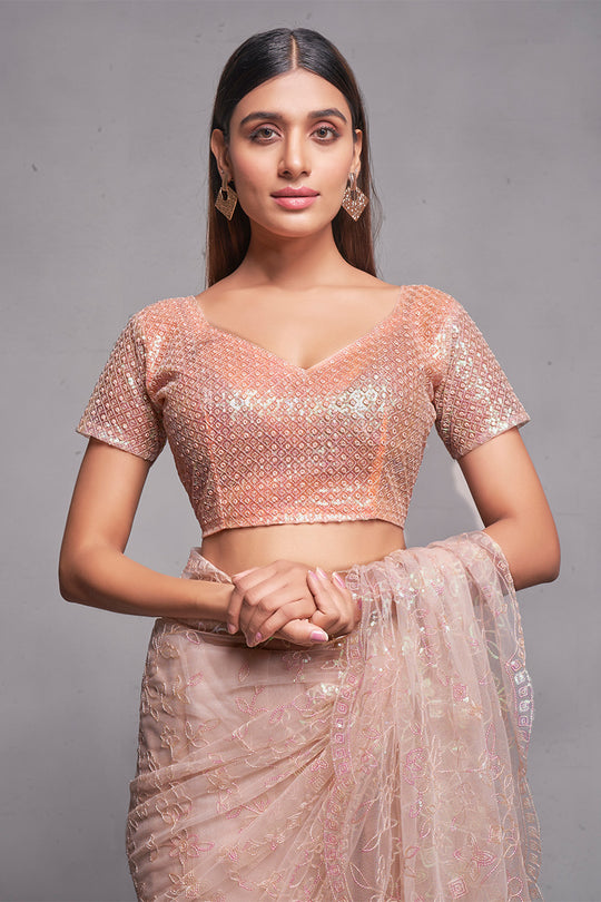 Rose Gold Net Saree With Blouse Piece Rose Gold Net Saree With Blouse Piece