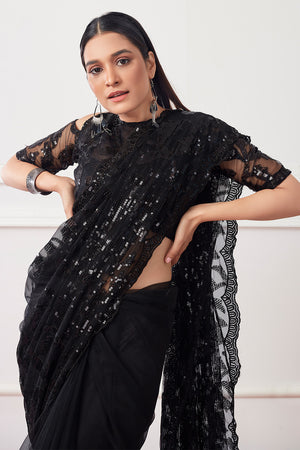 Black Net Saree With Blouse Piece