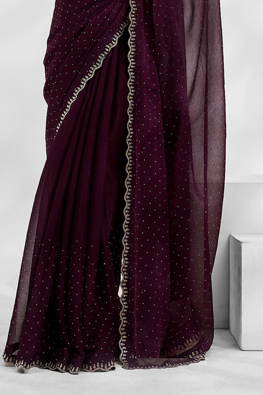 Wine Chiffon Saree With Blouse Piece Wine Chiffon Saree With Blouse Piece