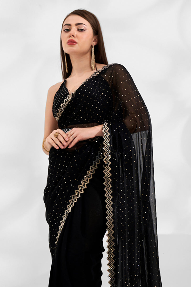 Women's Pure Chiffon Black Embellished Designer Saree With Blouse Piece