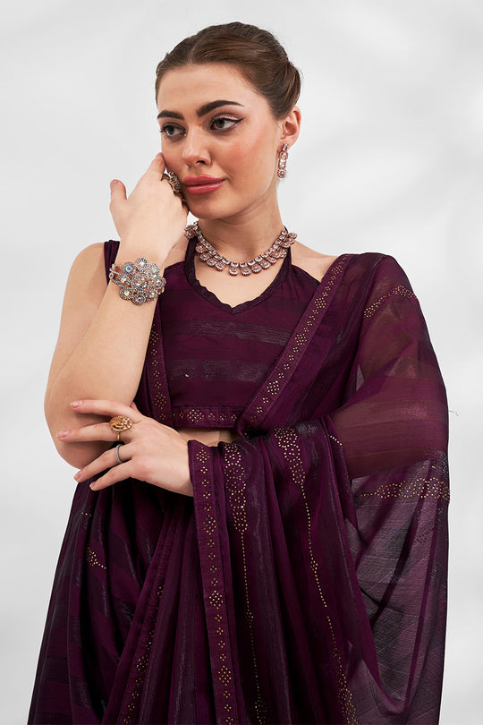 Wine Chiffon Saree With Blouse Piece Wine Chiffon Saree With Blouse Piece