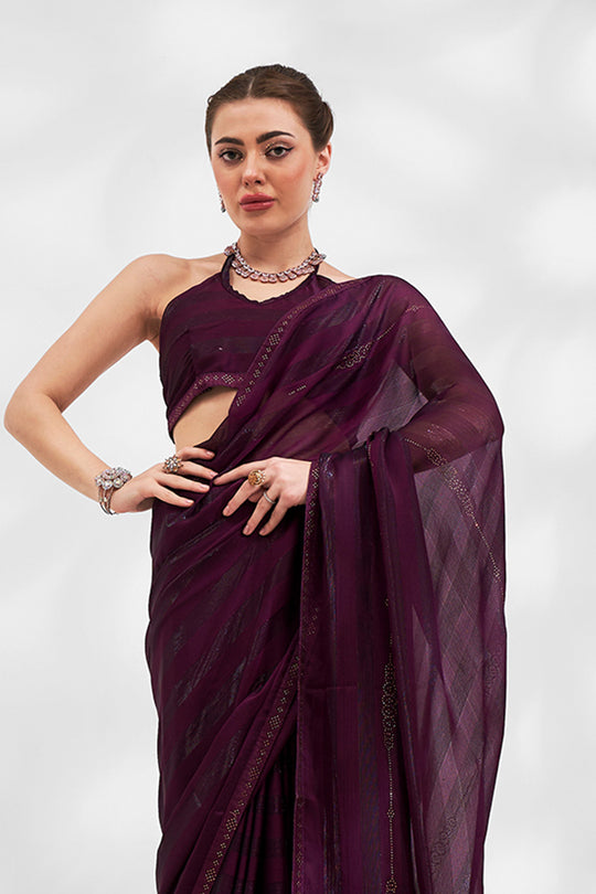 Wine Chiffon Saree With Blouse Piece Wine Chiffon Saree With Blouse Piece