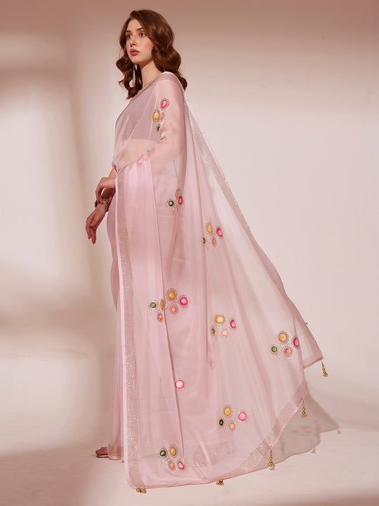 Pink Organza Saree With Blouse Piece Pink Organza Saree With Blouse Piece