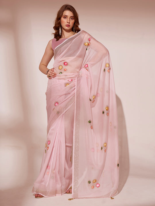 Pink Organza Saree With Blouse Piece Pink Organza Saree With Blouse Piece