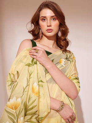 Yellow Organza Saree With Blouse Piece