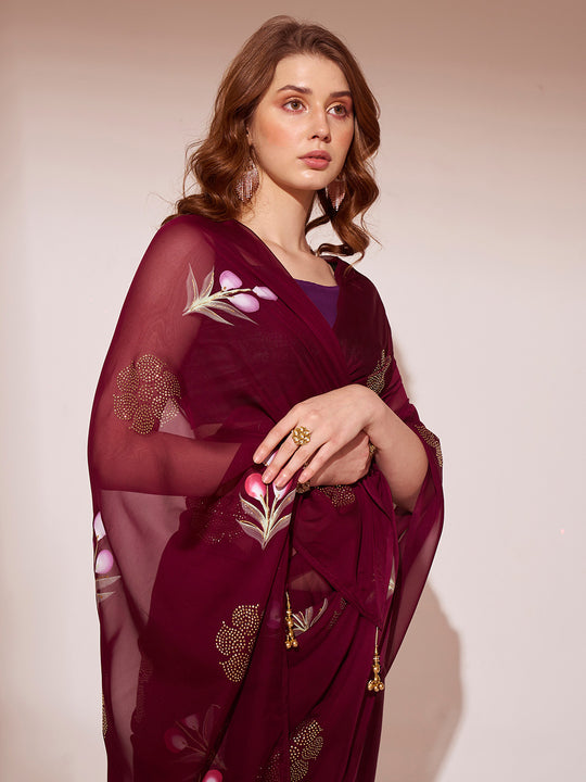 Wine Organza Saree With Blouse Piece Wine Organza Saree With Blouse Piece