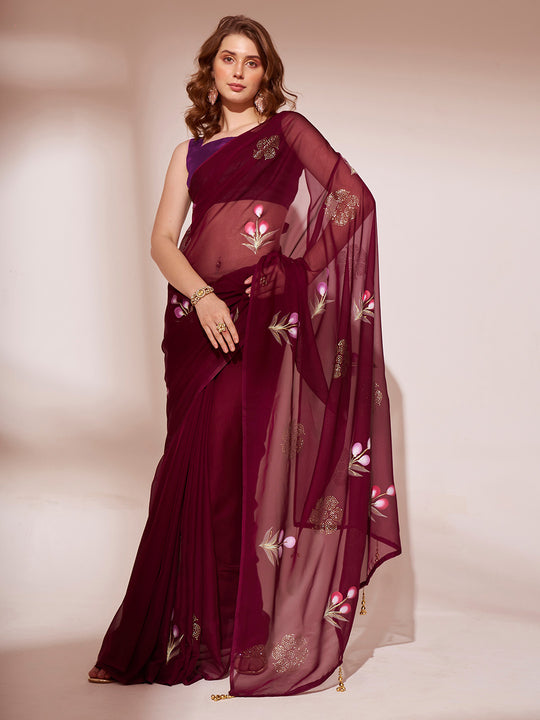 Wine Organza Saree With Blouse Piece Wine Organza Saree With Blouse Piece