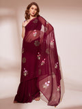 Wine Organza Saree With Blouse Piece Wine Organza Saree With Blouse Piece