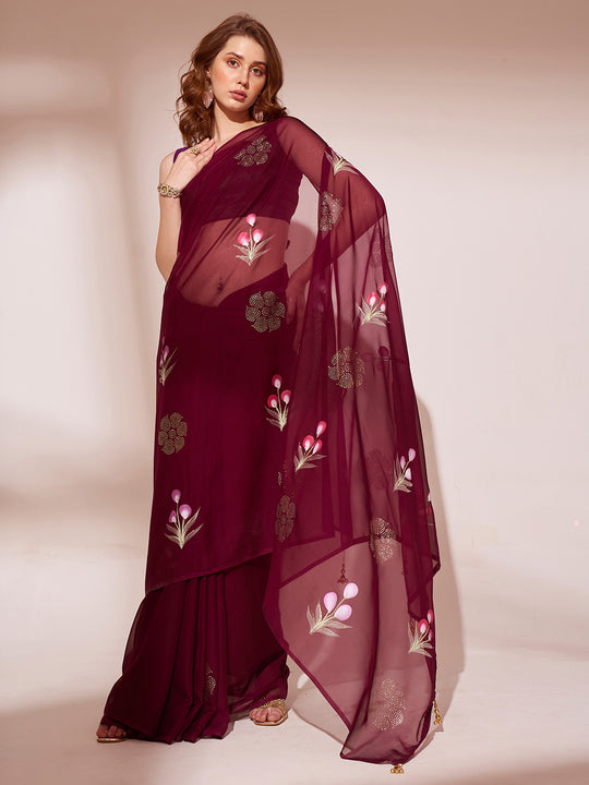Wine Organza Saree With Blouse Piece Wine Organza Saree With Blouse Piece