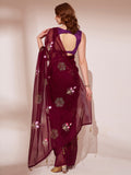 Wine Organza Saree With Blouse Piece Wine Organza Saree With Blouse Piece