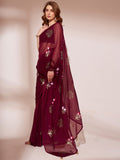 Wine Organza Saree With Blouse Piece Wine Organza Saree With Blouse Piece
