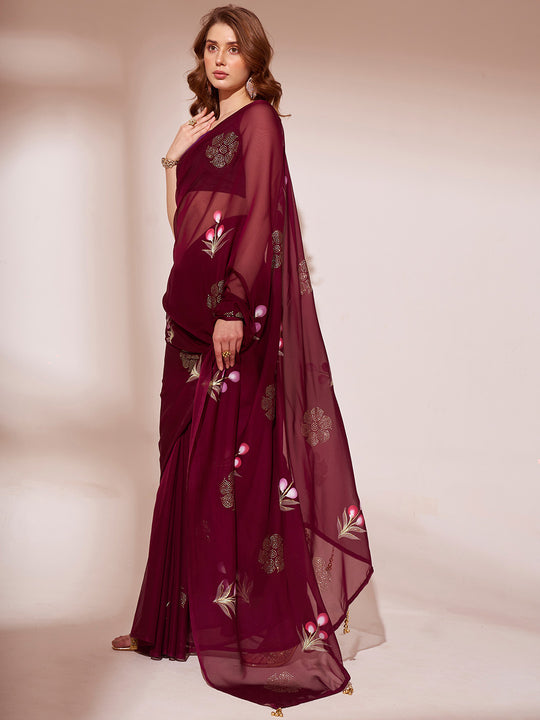 Wine Organza Saree With Blouse Piece Wine Organza Saree With Blouse Piece