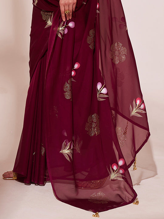 Wine Organza Saree With Blouse Piece Wine Organza Saree With Blouse Piece