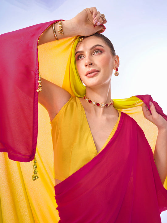 Pink & Yellow Chiffon Saree With Blouse Piece Pink & Yellow Chiffon Saree With Blouse Piece