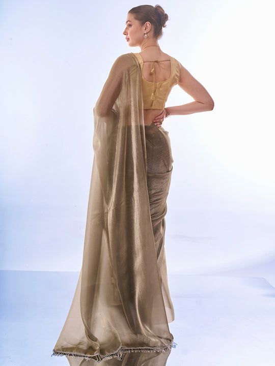 Olive Organza Saree With Blouse Piece Olive Organza Saree With Blouse Piece