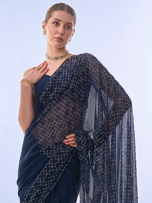 Navy Blue Chiffon Saree With Blouse Piece