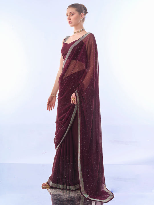 Wine Chiffon Saree With Blouse Piece Wine Chiffon Saree With Blouse Piece