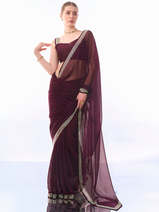 Wine Chiffon Saree With Blouse Piece Wine Chiffon Saree With Blouse Piece