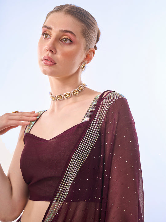 Wine Chiffon Saree With Blouse Piece Wine Chiffon Saree With Blouse Piece