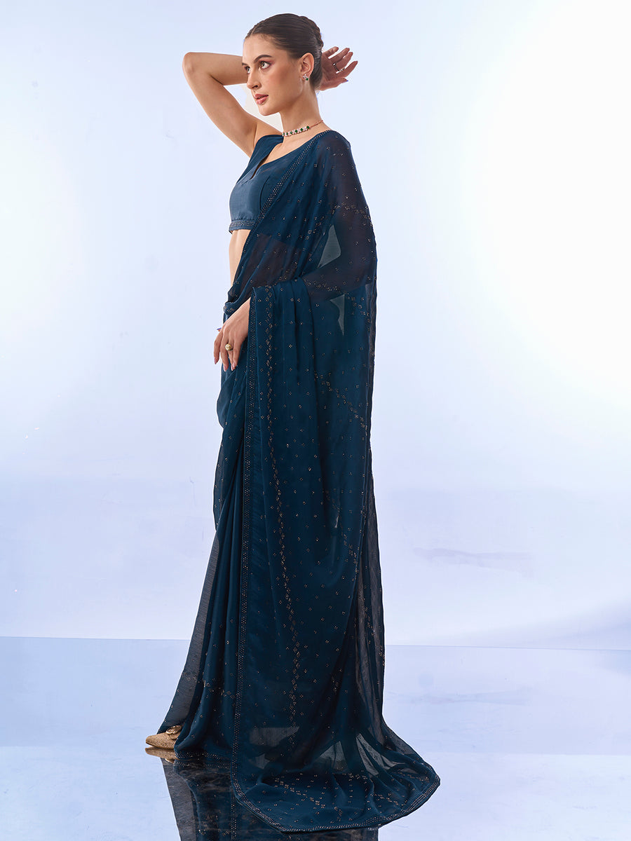 Women's Satin Silk Teal blue Embellished Designer Saree With Blouse Piece