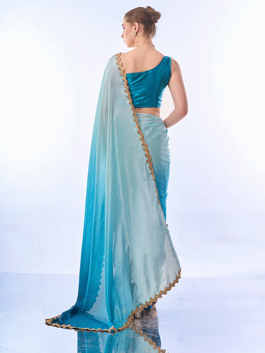Ombre Blue Chiffon Saree With Blouse Piece Ombre Blue Chiffon Saree With Blouse Piece