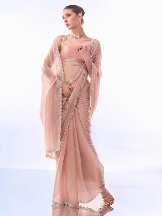 Peach Organza Saree With Blouse Piece Peach Organza Saree With Blouse Piece