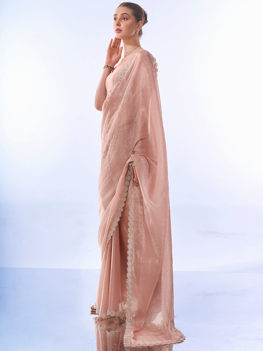 Women's Organza Peach Woven Design Designer Saree With Blouse Piece