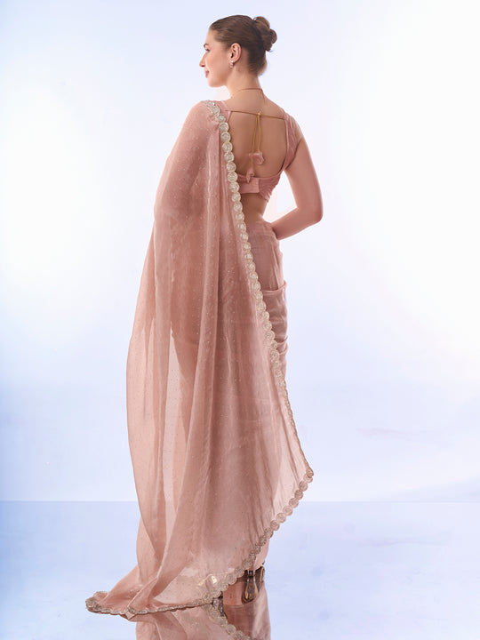 Peach Organza Saree With Blouse Piece Peach Organza Saree With Blouse Piece