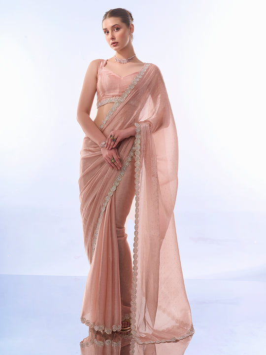 Peach Organza Saree With Blouse Piece Peach Organza Saree With Blouse Piece