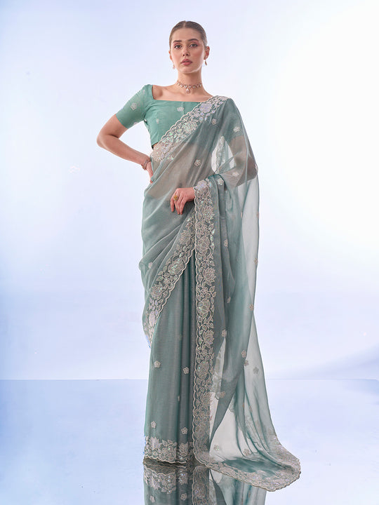 Sea Green Chiffon Saree With Blouse Piece Sea Green Chiffon Saree With Blouse Piece