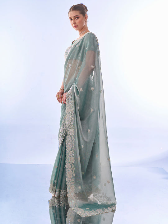 Sea Green Chiffon Saree With Blouse Piece Sea Green Chiffon Saree With Blouse Piece