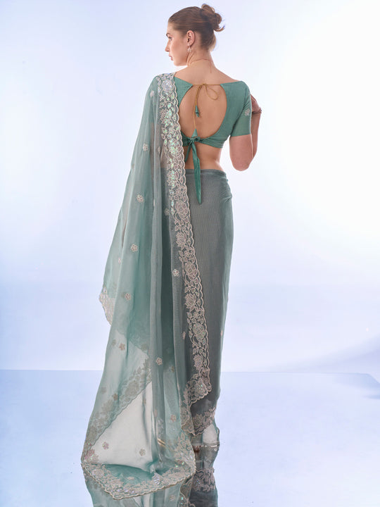 Sea Green Chiffon Saree With Blouse Piece Sea Green Chiffon Saree With Blouse Piece