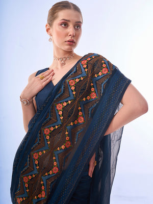 Teal Chiffon Saree With Blouse Piece