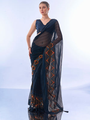 Teal Chiffon Saree With Blouse Piece