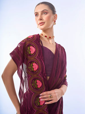 Wine Chiffon Saree With Blouse Piece