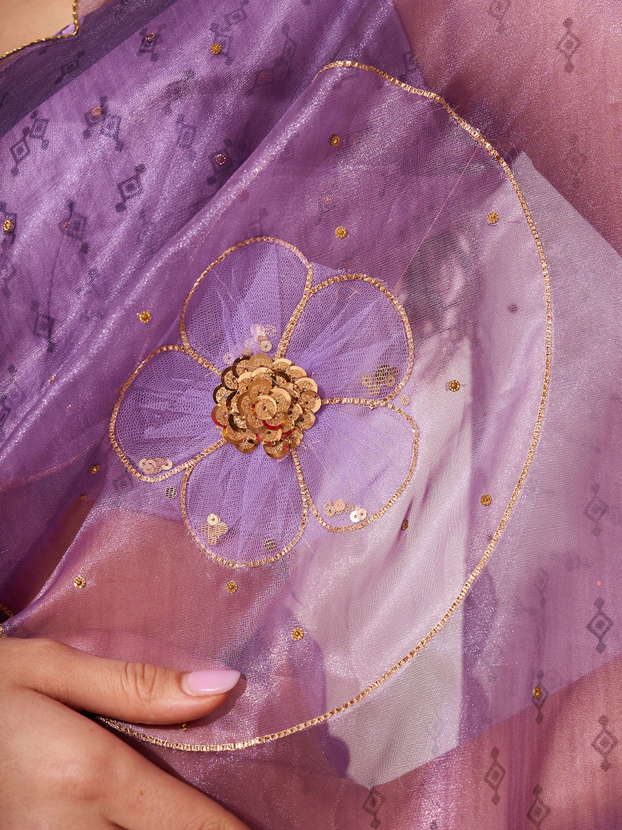 Pale Lavender Color Floral Embroidery Design Organza Saree With Blouse