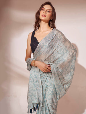 Blue Printed Georgette Saree With Blouse Piece