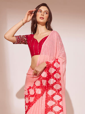 Pink Printed Georgette Saree With Blouse Piece